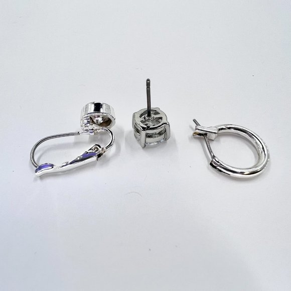 3 Pairs Shiny Silver Tone Post, Hinged Hoop, and Leaver Back Earrings - Picture 5 of 5